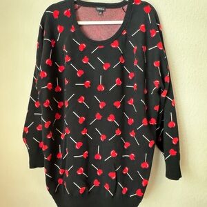 Torrid Valentine Black Sweater with Red Heart Lollipop Pattern